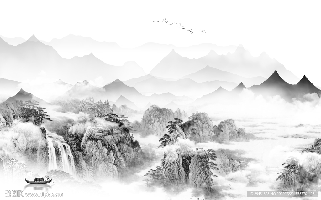 高雅灰色中式山水 Tif分层