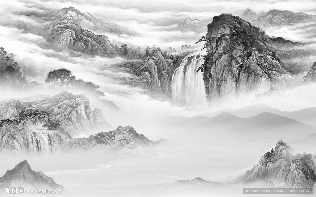 人气 灰色中式山水 Tif分层