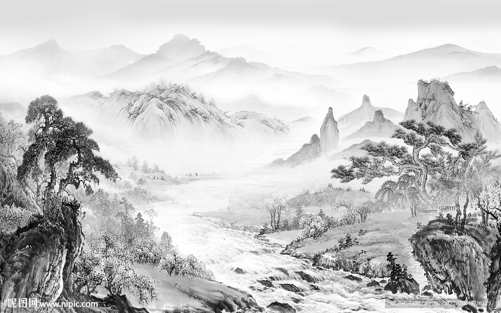 新品灰色中式山水 Tif分层