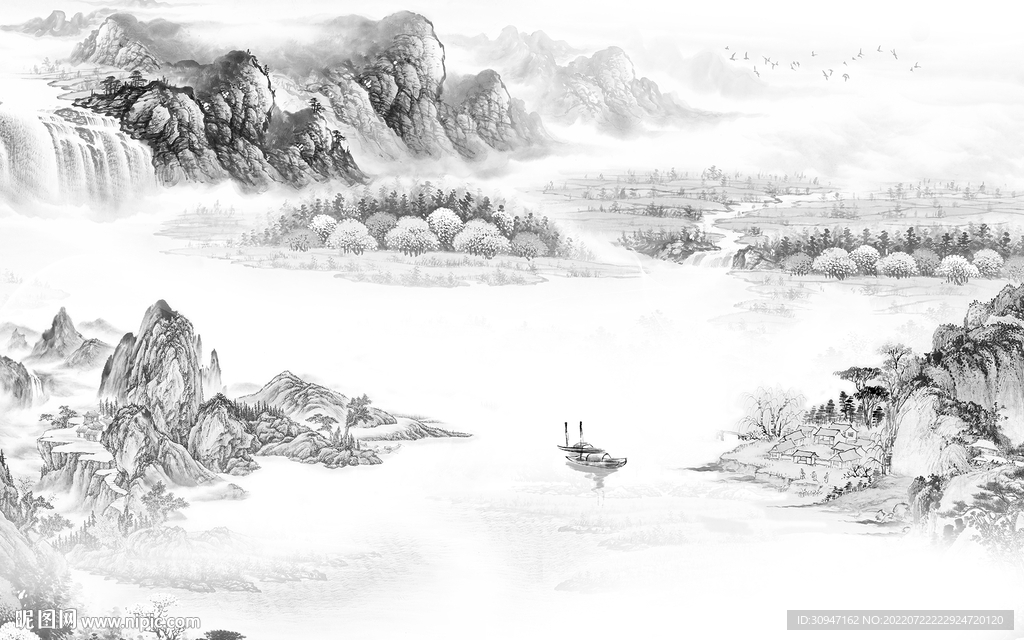 背景墙山水灰色墙画 TIf分层