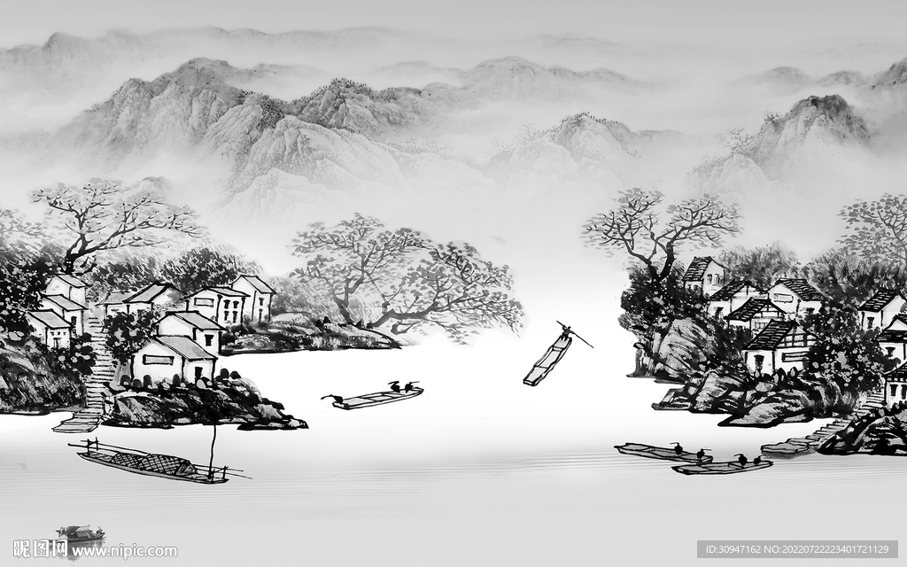 客厅山水灰色墙画 TIf分层