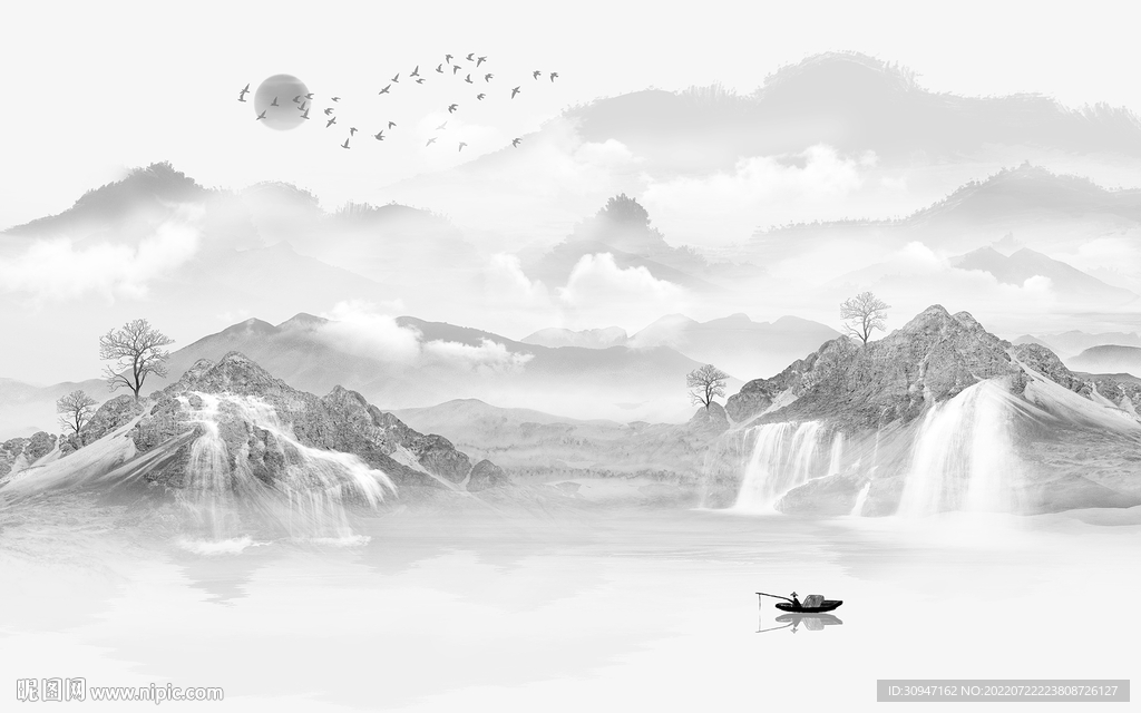 中国风山水灰色墙画 TIf分层