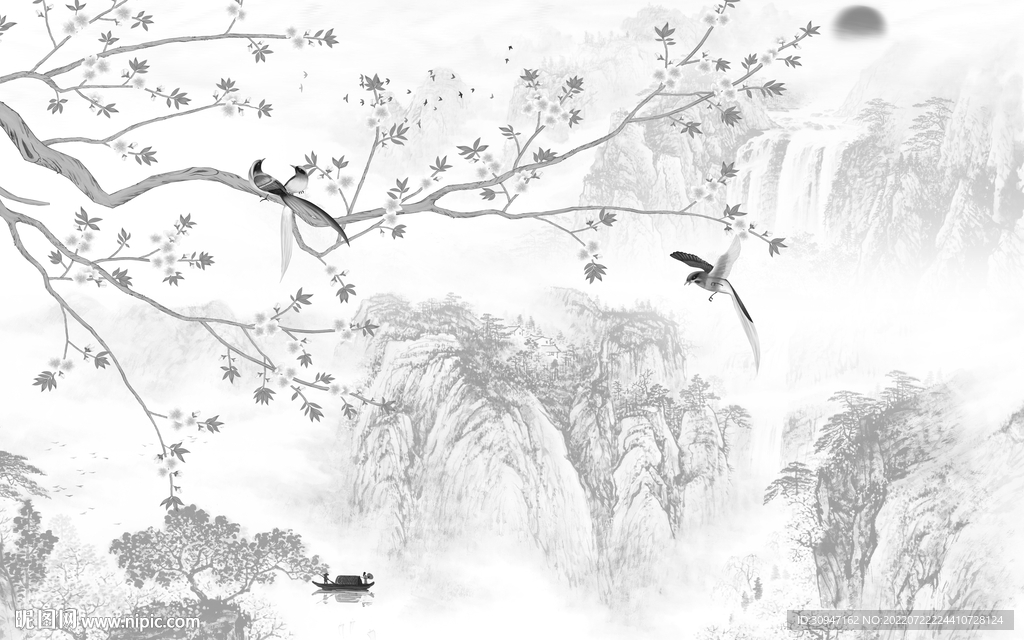 新中式山水灰色墙画 TIf分层