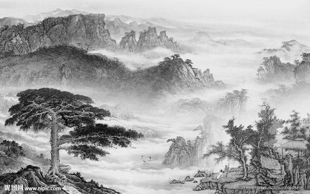 背景墙灰色新山水画 TIf分层