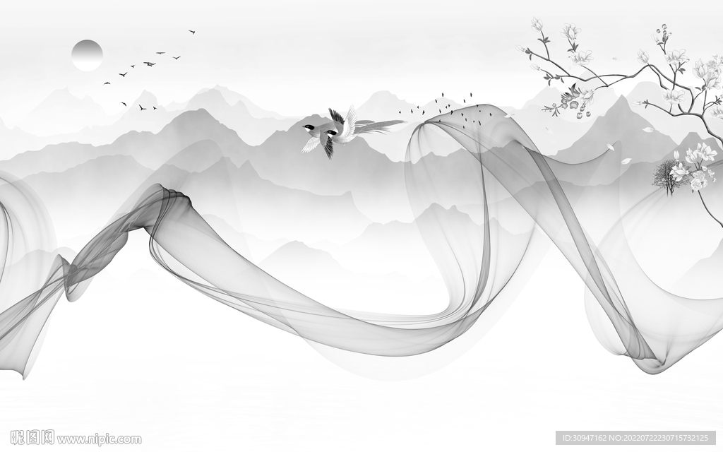 高端山水灰色墙画 TIf分层