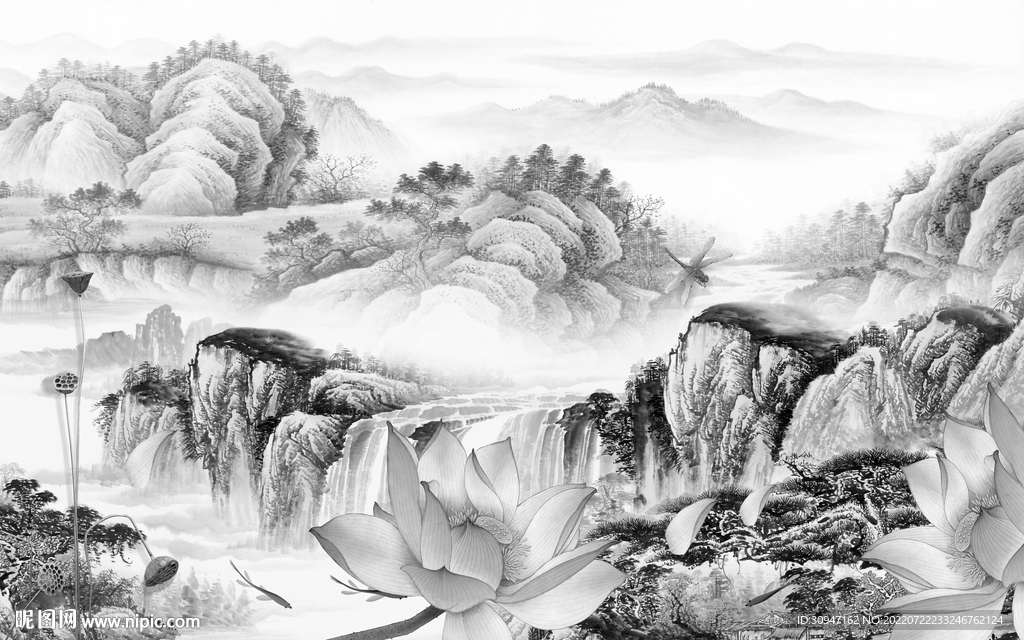 高档山水灰色墙画 TIf分层