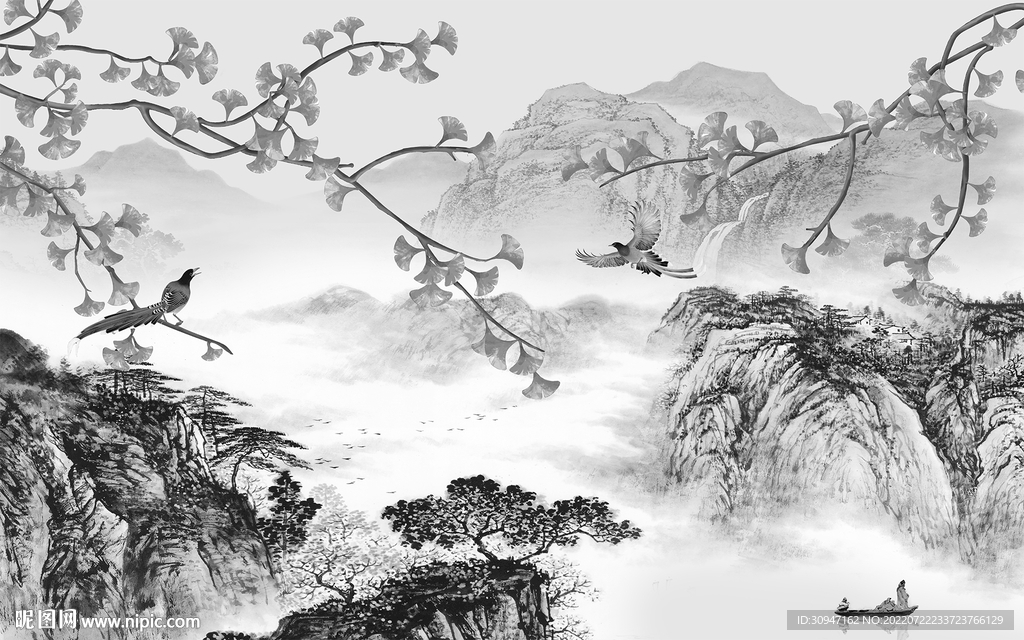 中式灰色新山水画 TIf分层