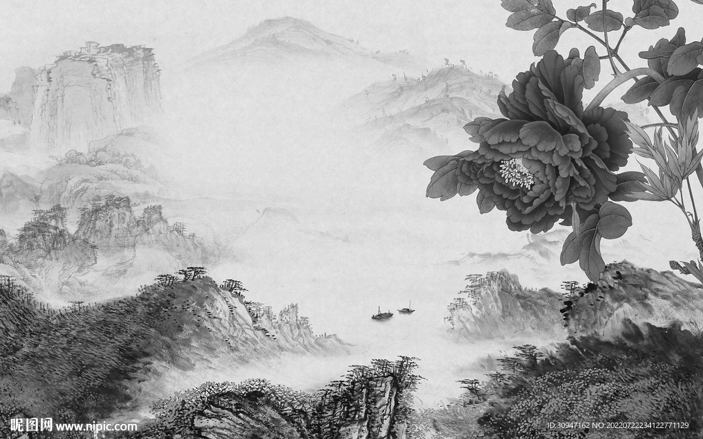 高清 山水灰色墙画 TIf分层