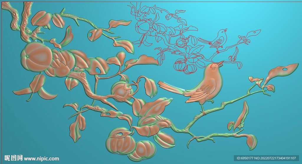 檀雕花鸟门板背板精雕图浮雕灰度