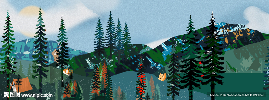 手绘松柏山水画