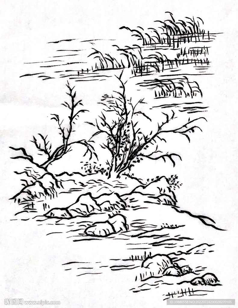手绘国画山石山水素材