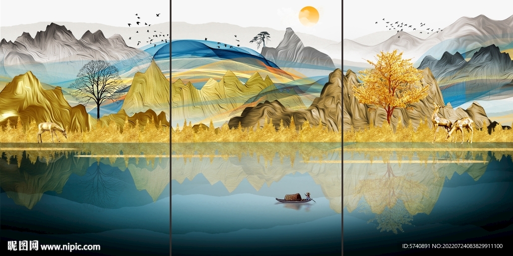 高端麋鹿金山发财树三联画