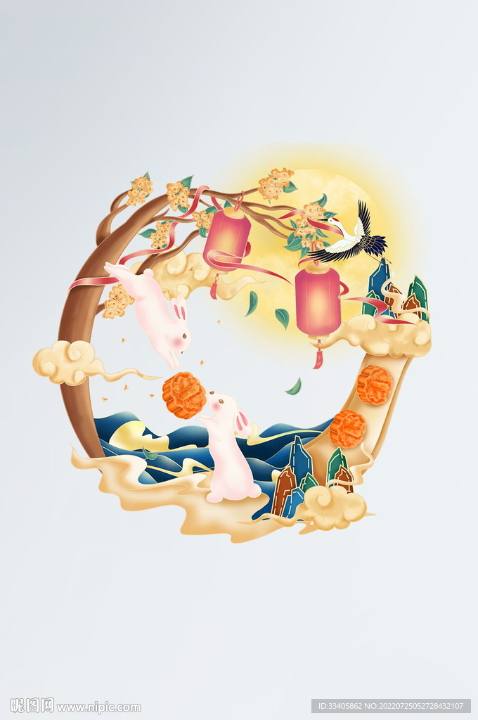 中秋月饼传统节日赏月山水国潮风