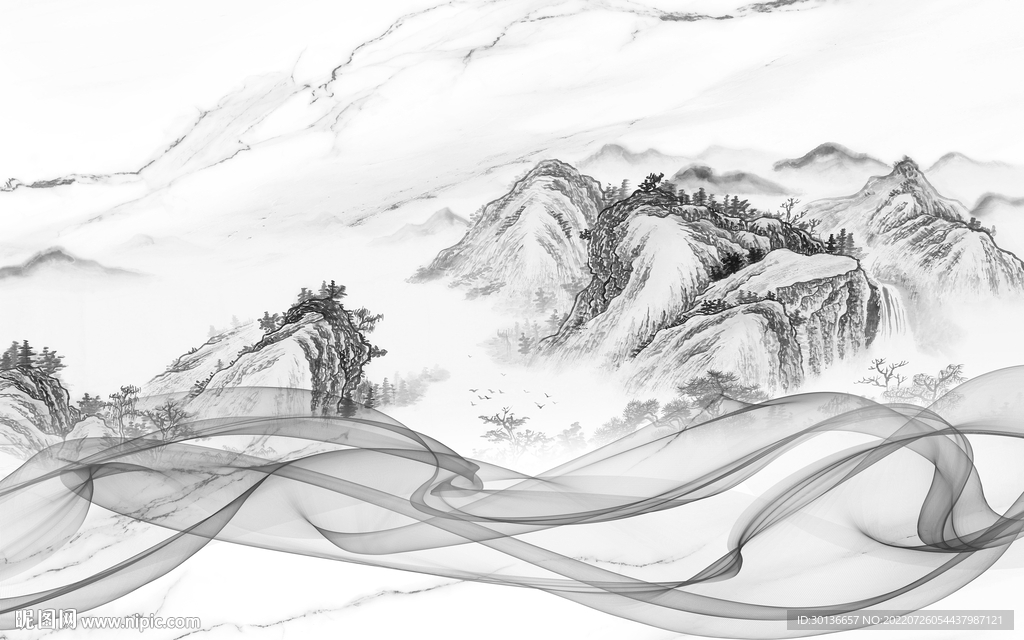 中国风灰色中式山水 TiF分层