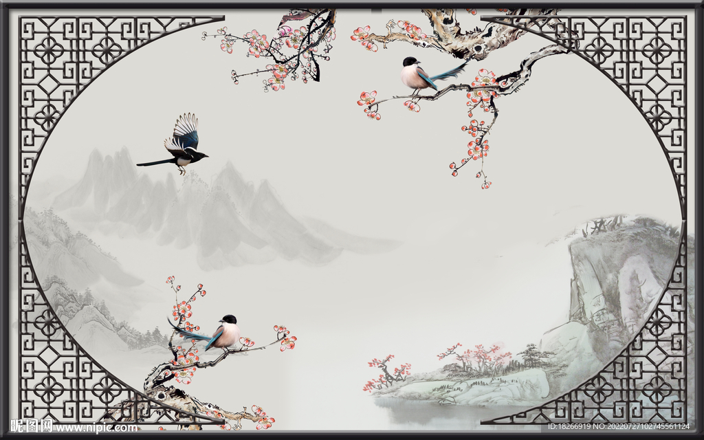 中式花鸟窗花背景