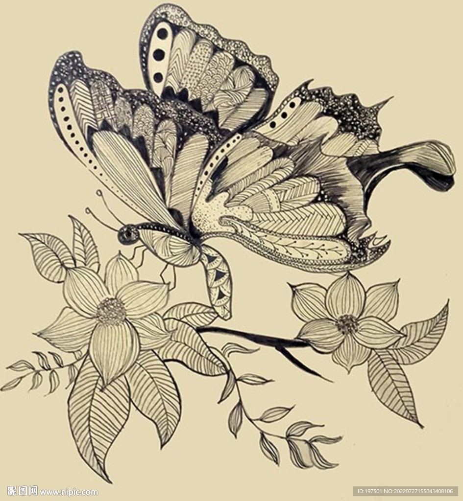 花丛中的蝴蝶   黑白装饰画