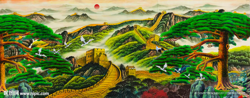 迎客松山水长城装饰画