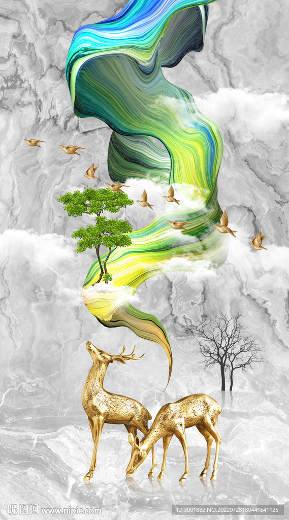 轻奢装饰画 弧线 山水画麋鹿