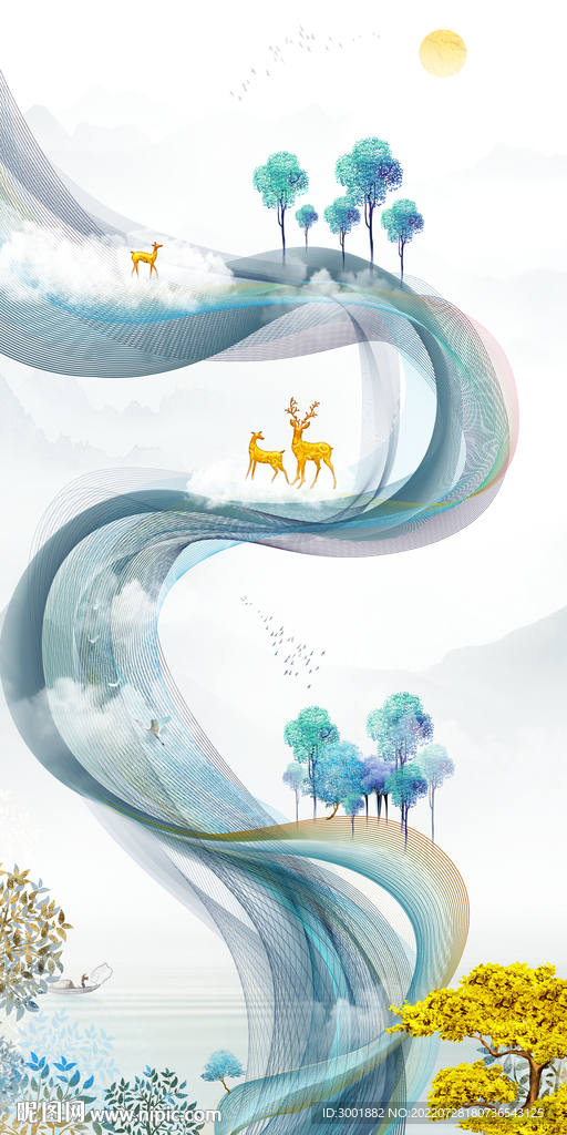 轻奢装饰画 弧线 山水画麋鹿