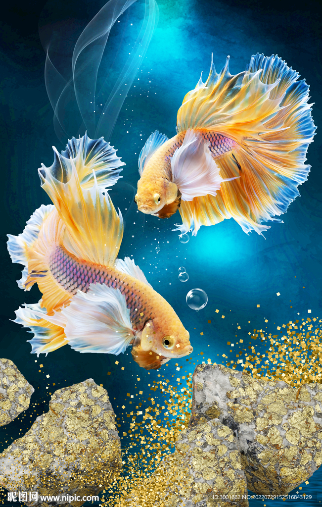 轻奢装饰画 弧线 山水画金鱼