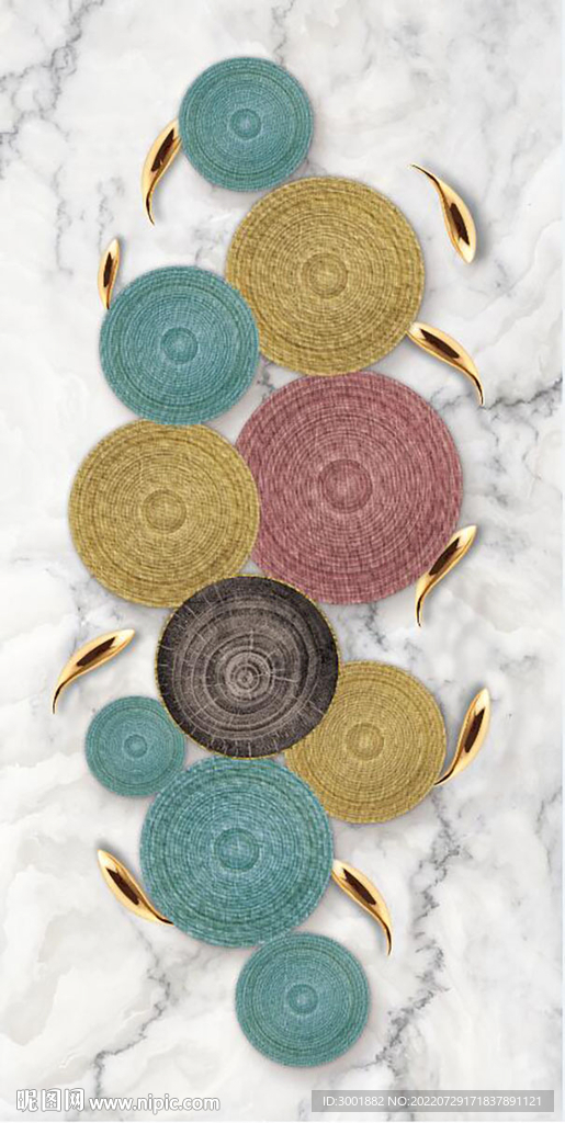 轻奢装饰画 大理石纹 圆圈金鱼