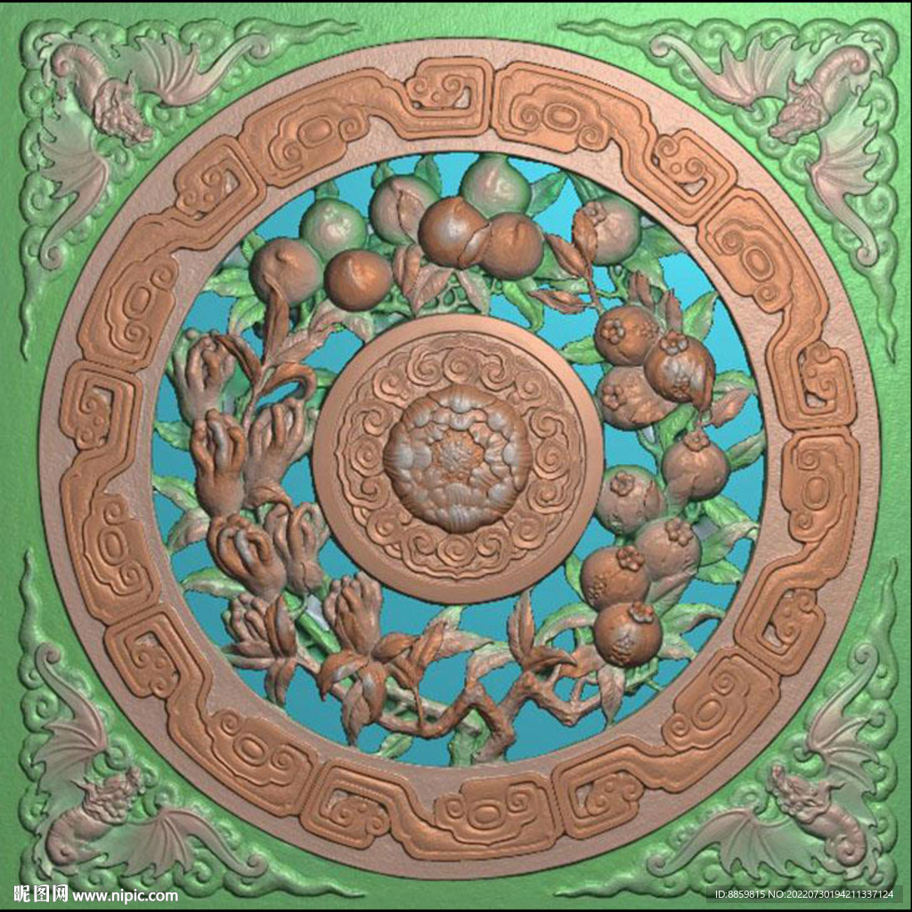 精雕图扫描石榴多子圆形博古