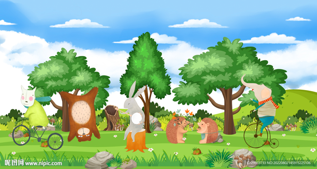 卡通动物儿童房背景墙