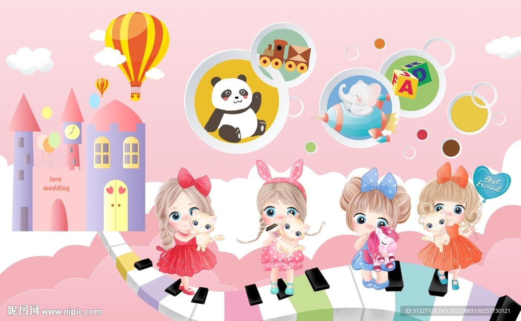卡通女孩云朵儿童房背景墙壁画图