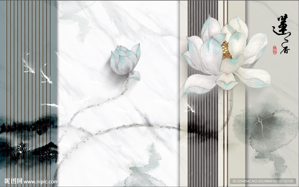 新中式水墨荷花山水电视背景墙