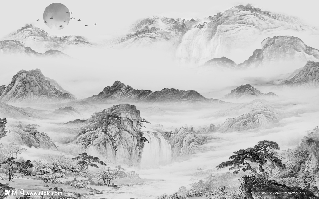 中式灰色客厅山水 Tif分层