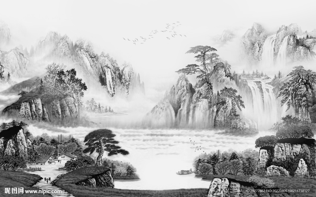 背景墙现代灰色山水 Tif分层