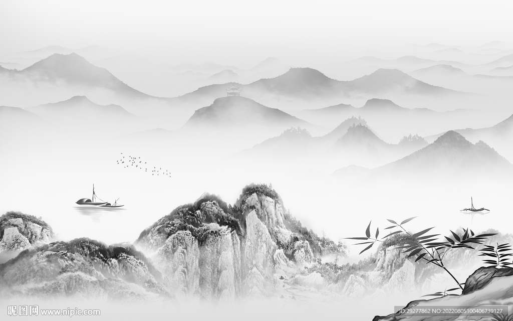 新品 现代灰色山水 Tif分层