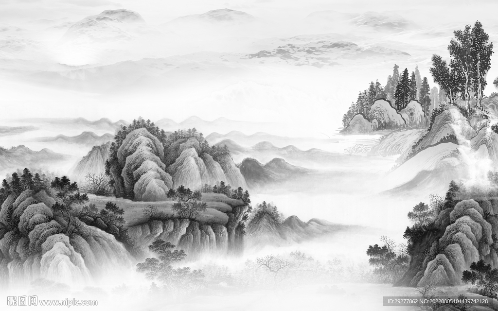 爆款 现代灰色山水 Tif分层