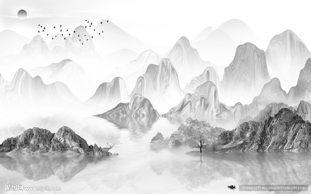 客厅山水灰色墙画 Tif分层