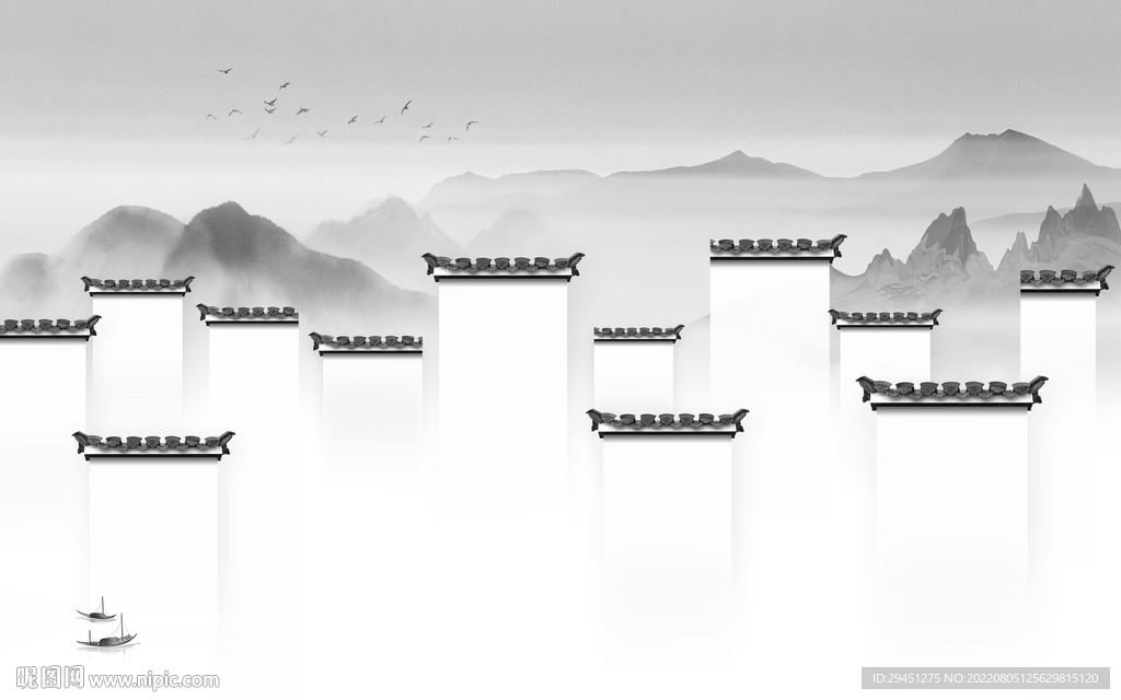 徽派山水灰色墙画 Tif分层