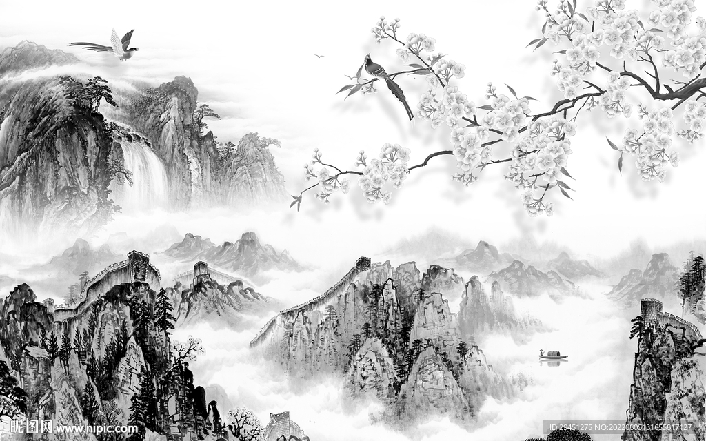 人气山水灰色墙画 Tif分层
