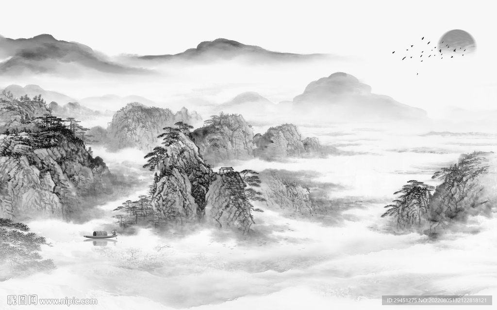 新中式山水灰色墙画 Tif分层