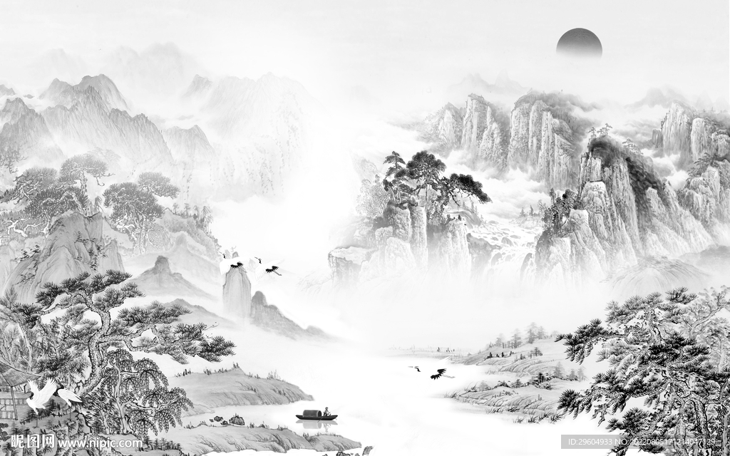 新中式灰色背景山水 TIf分层