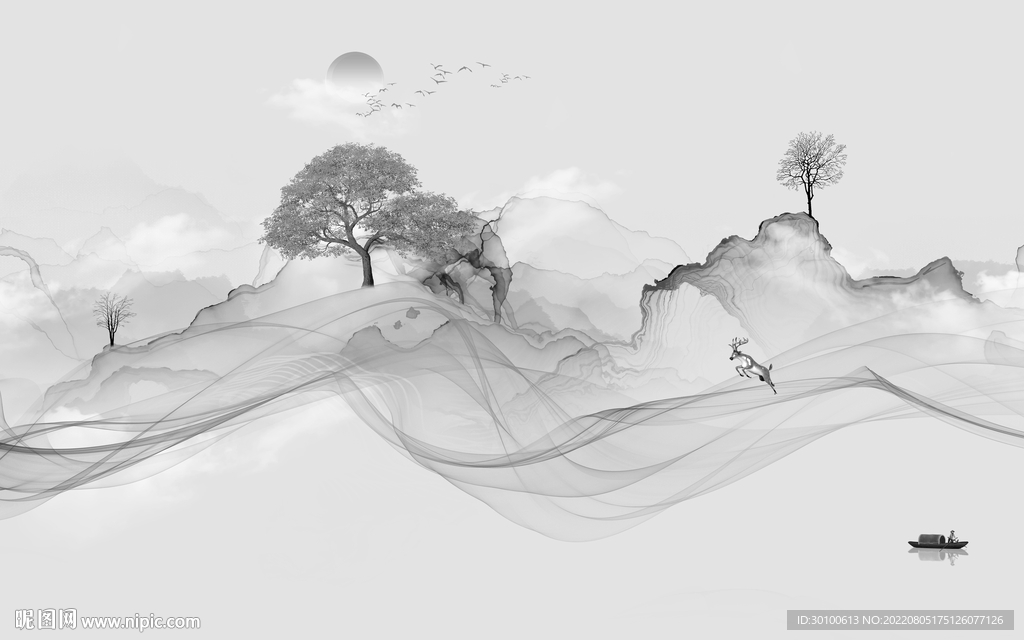 中国风灰色现代山水 Tif分层