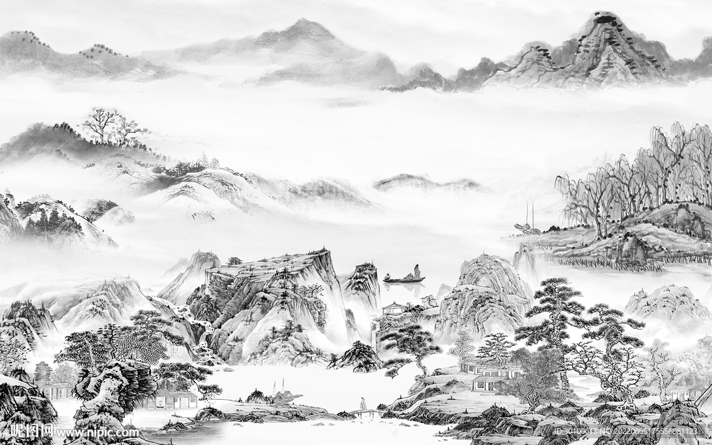 国画 灰色现代山水 Tif分层