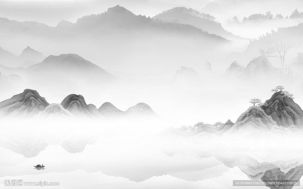 中国风灰色大气山水 Tif分层