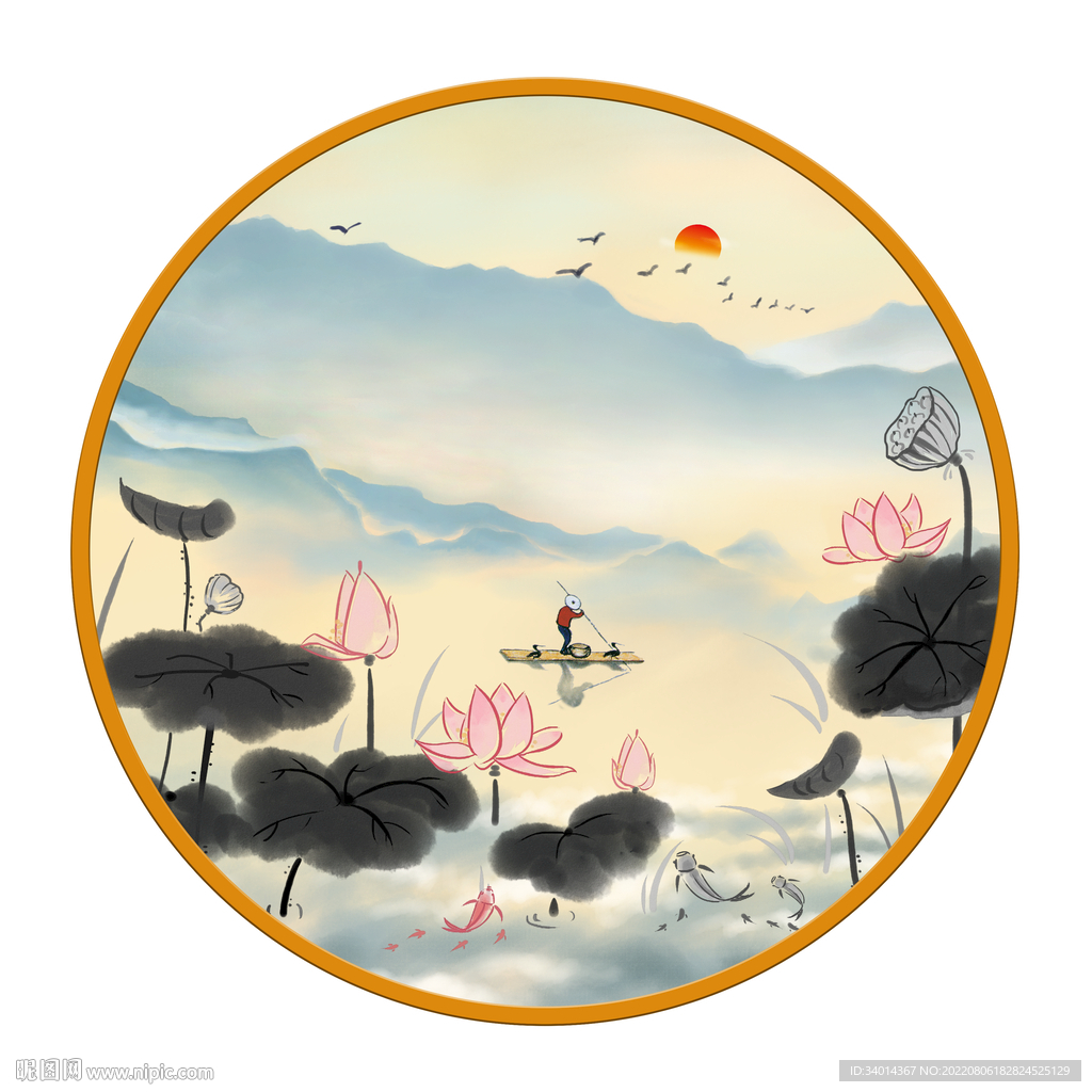 荷花圆形画