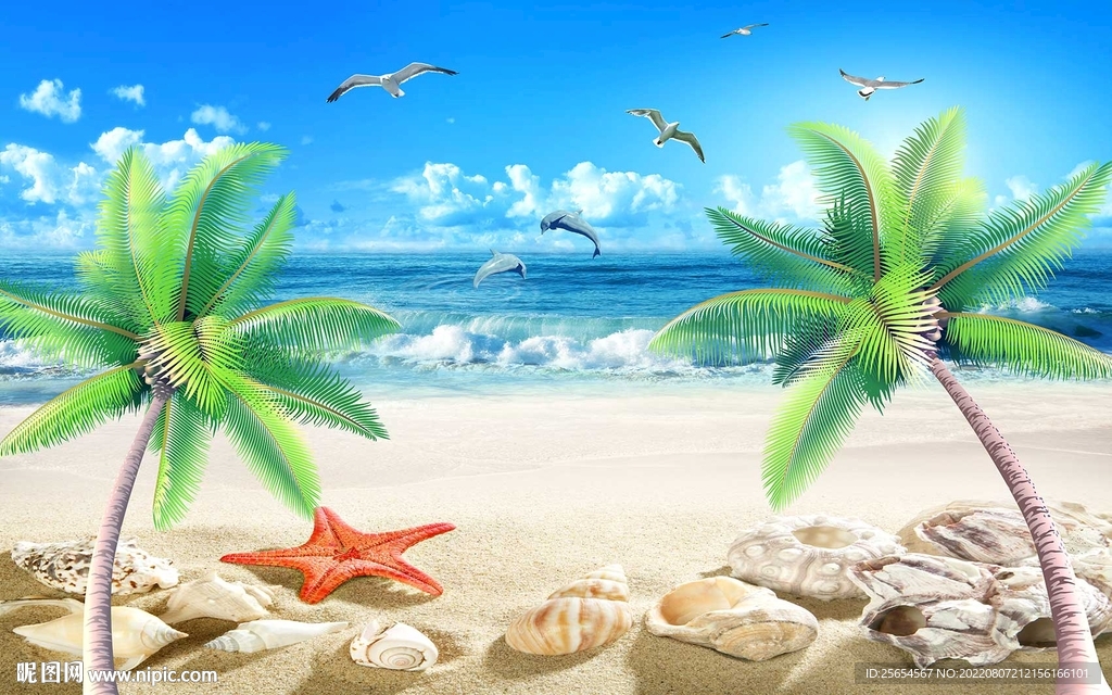 白云大海沙滩背景墙