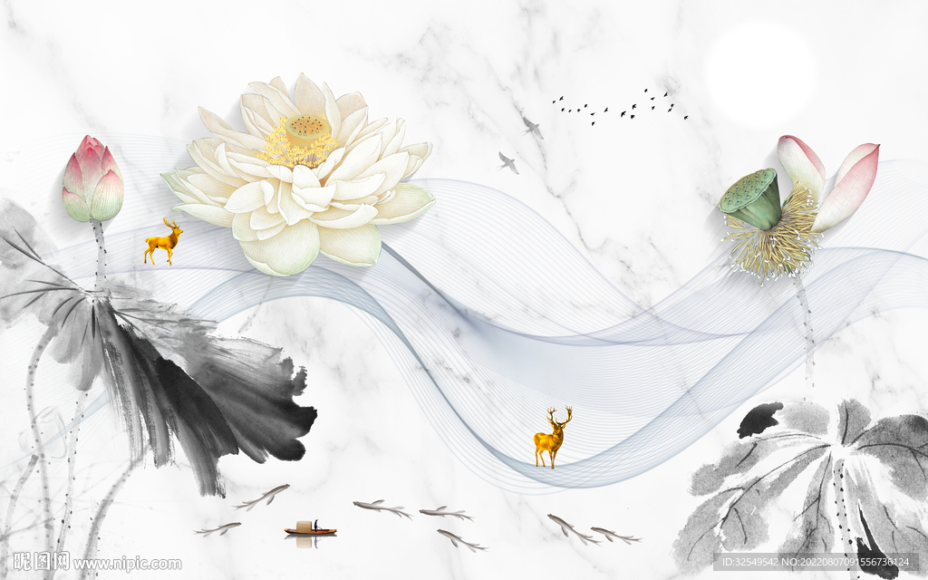 新中式水墨荷花背景墙