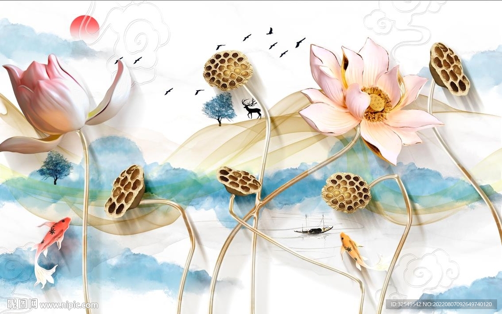 新中式水墨荷花背景墙