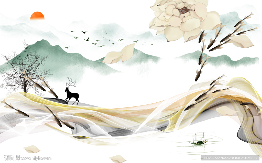 电视背景墙新中式水墨荷花壁画