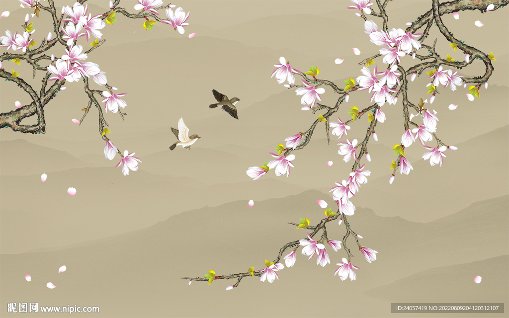 新中式工笔花鸟手绘玉兰花背景墙