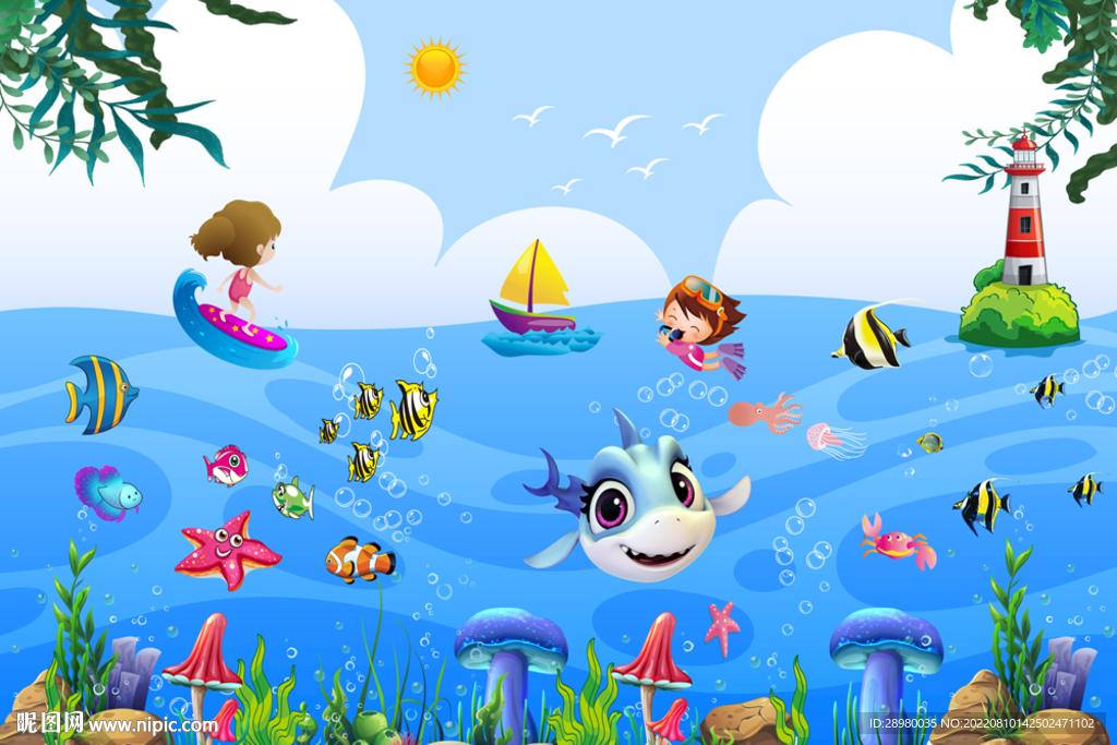 卡通鲸鱼海底世界