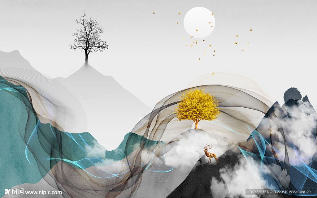 新中式山脉水墨背景墙