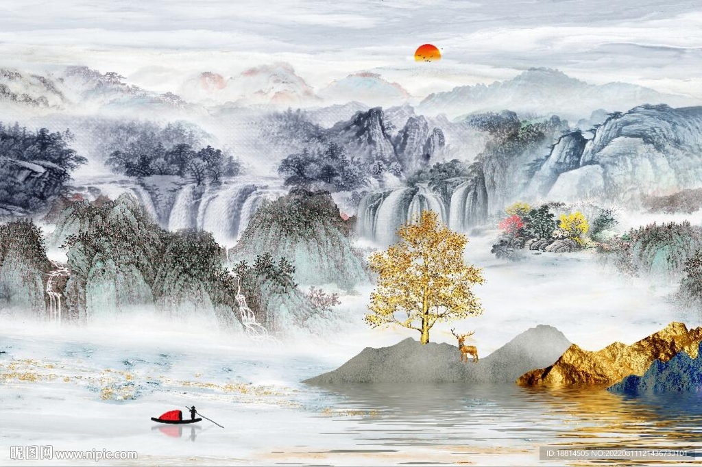 高山流水新中式山水背景墙